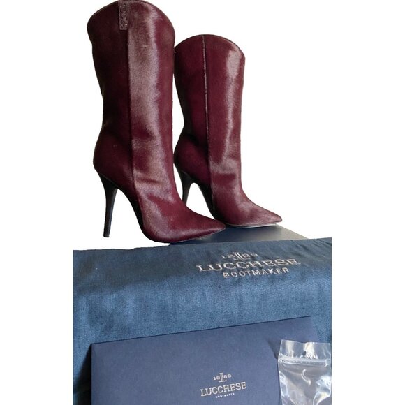 Lucchese Clarissa Aubergine Calf Hair Dress Boots Sz 6.5 Pointed Coastal Cowgirl - Picture 1 of 12